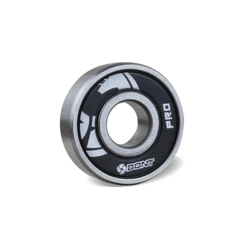 Bont Pro Racing 608 skate bearing, silver metal with black seal featuring Bont logo.