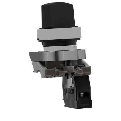 Close-up view of XB4BD21 2 Position Selector Switch with metal bezel, 22mm panel mount, rugged black design for industrial machinery.