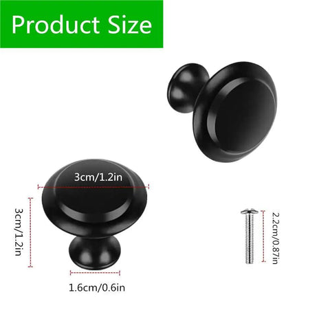 Black Round Cabinet Knobs Set Of 50 Pieces, 1.2 Inch Diameter, shown with dimensions and mounting screw