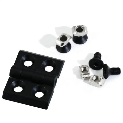 Black zinc alloy hinge, screws, and T-nuts from Two Sets 2020 Aluminum Extrusion Profile Door Handle And Frame Hinges Install Kit.