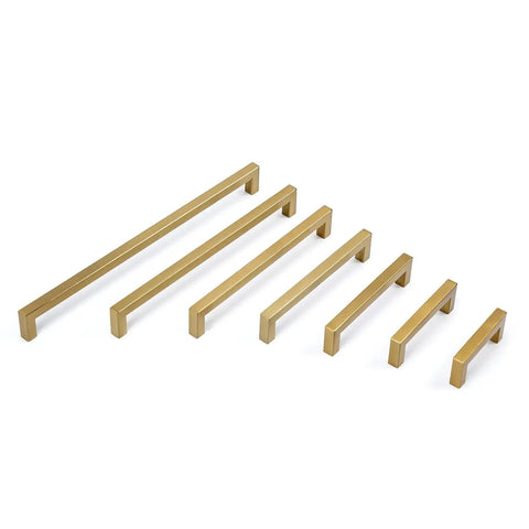 Various sizes of champagne bronze cabinet pulls shown in a row, highlighting modern square design and stainless steel finish.