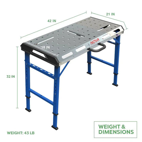 Front view of Beefy Heavy Duty Welding Table With Folding Legs For Serious Welders, Flat Top With 5/8 Inch Holes Every 2 Inches, 14 Gauge Powder Coated Steel, Adjustable Height From 27.7 To 39 Inches, Durable Workstation.