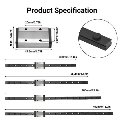 MGN12 400mm Linear Rail Guide With MGN12H Black Stainless Steel Carriage Block specifications and size chart for 3D printers