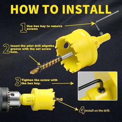 Installation guide for Carbide Hole Saw Kit 24 Piece Set For Metal Wood Plastic And More With Upgraded Pilot Drill Bit And Hex Keys From DWIKE Five Eighths Inch To Three Inches TCT Hole Saws Designed For Hard Metal Alloy Aluminum Stainless Steel Plastic And Iron