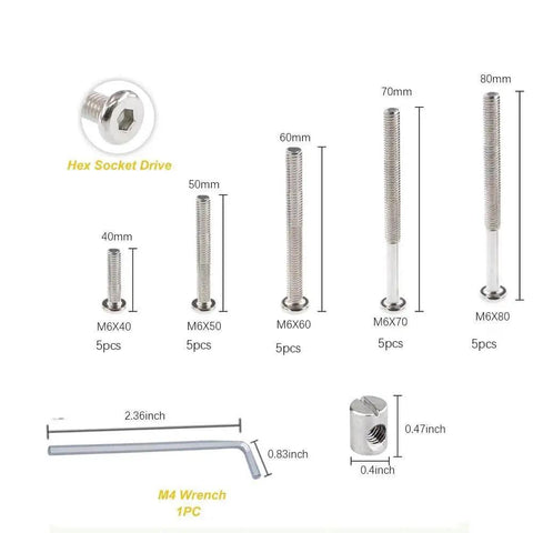 Image showing Must Have DIY Crib Hardware Replacement Kit For Delta Graco Dream Baby Beds With M6 Hex Drive Bolts And Barrel Nuts 40 50 60 70 80 Mm Includes Nuts And Wrench 25 Sets Silver, displaying various bolt sizes from 40mm to 80mm, a wrench, and a barrel nut.