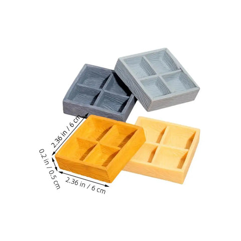Four Grid Miniature Resin Storage Box Set for Dollhouses with four compartments, shown in various colors, size 2.36 x 2.36 x 0.2 in