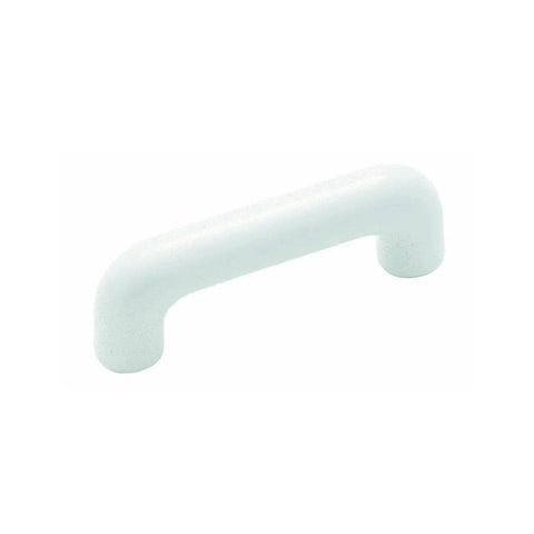 3 Inch White Plastic Wire Cabinet Pull Handle 76mm Replacement Cabinet Hardware with a smooth, durable plastic construction, side view.