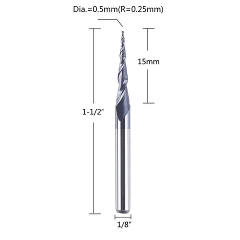Front view of Tapered Ball Nose End Mill Set for 3D Wood Carving and CNC Router Projects, One Eighth Inch Shank, 0.5mm Diameter