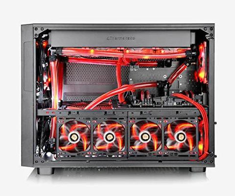 Thermaltake Pacific DIY LCS black compression fittings inside a PC with red coolant tubes and four front fans.