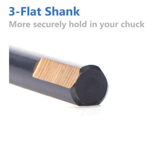 Close-up of a 3-flat shank from 12 Piece Black And Gold Coated Cobalt Drill Bits Set Five Sixteenth Inch Twist Bits In M2 High Speed Steel Built For Metalworking Pros With A Tough Black Gold Finish HRC 62 63 High Hardness Durability.