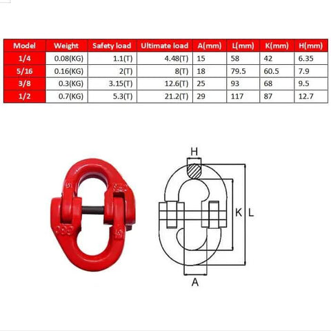 Diagram and specifications of G80 Alloy Steel Hammerlock Coupling Link Five Sixteenths Inch Safety Chain Connector