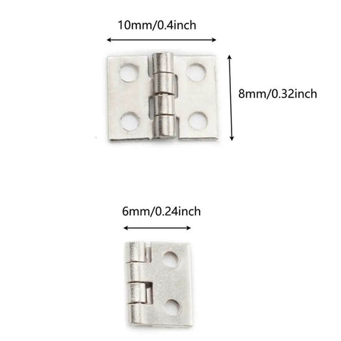 Miniature Brass Hinges Set For Jewelry Boxes And Cabinets 24 Pieces 10 By 8 Millimeter 180 Degree Rotation Silver Finish Includes 96 Mounting Nails Durable Rust Resistant Hardware For DIY Projects Easy To Install displayed with measurements.