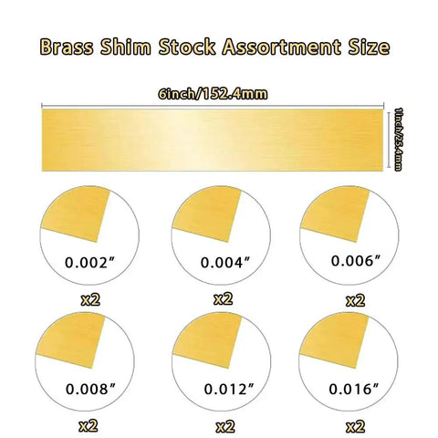 12 Piece Brass Shim Stock Assortment 6 By 1 Inch For Leveling, Gap Filler, And Trim Fitment, Includes Six Thicknesses From 0.002 to 0.016 In.