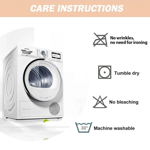 Image of a white clothes dryer with care instructions including tumble dry, no wrinkles, no bleaching, and machine washable at 30 degrees.