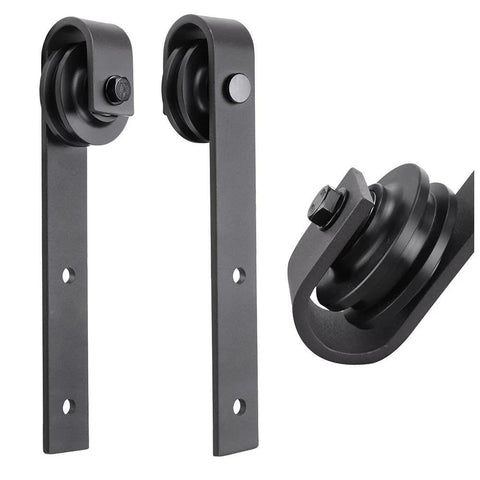 Close-up of hardware included in the Interior Sliding Barn Door No Glass Solid Wood Black Finish 42x96 Inches track kit.