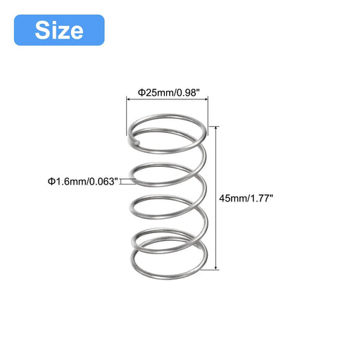 uxcell compression spring, 5 pcs, stainless steel, 25 mm OD, 1.6 mm wire, 45 mm free length