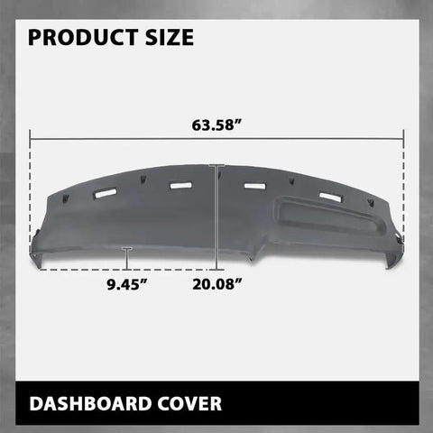 TPE Dash Cover For Dodge Ram 1500 2500 3500 1994 To 1997 Gray showing dimensions 63.58 x 9.45 x 20.08 inches