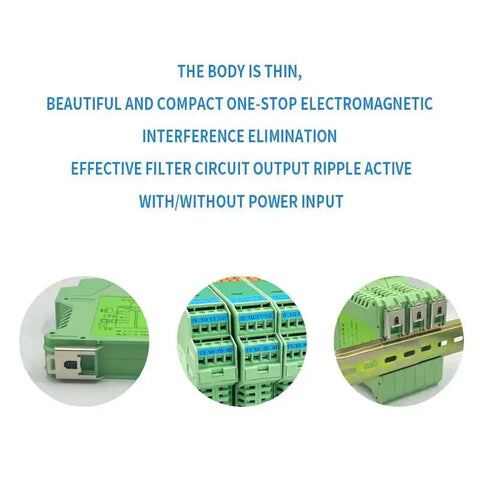 Three views of Ultra Slim Signal Isolator DC 24V showing rail mount and connectors for dense installations and space saving.