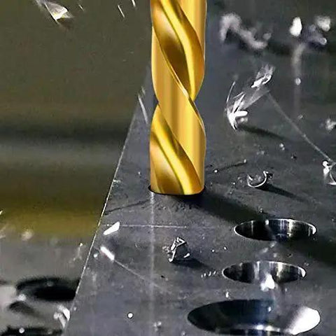 Close-up of a titanium coated drill bit working on metal, part of the Titanium Drill Bit Kit Set for Metal and Wood, 230-Piece Pro Grade.