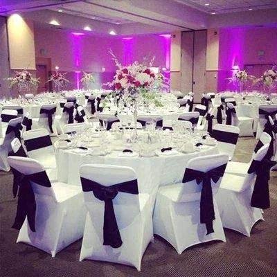 10 Piece Satin Chair Sashes Bows For Wedding Reception And Banquet Decor Universal Back Tie displayed on banquet chairs