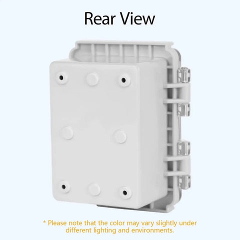 Rear view of IP67 Waterproof Electrical Junction Box With Hinged Clear Cover And Stainless Steel Latch, durable ABS, 4.7x3.5x2.7 size.