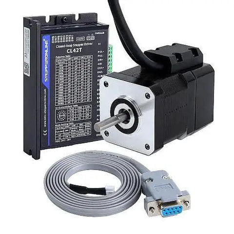 Closed Loop Stepper Motor CNC Kit With Nema 17 42Ncm 60 Oz In Encoder 1000 PPR 4000 CPR And CL42T V4 1 Driver 0 To 3A 24 To 48V DC For 3D Printing And CNC Machining This All In One Kit Includes RS232 Debug Cable, shown with motor, driver, and cable.