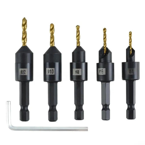 5-piece titanium-coated countersink drill bit set with hex shank for woodworking, shown with included hex key.