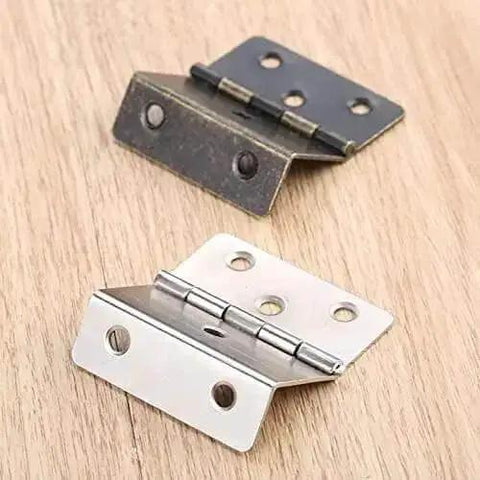 Two Pack 43 By 17mm Zinc Alloy Cabinet Door Hinges For Furniture Decor, antique bronze and silver finish on wooden surface.