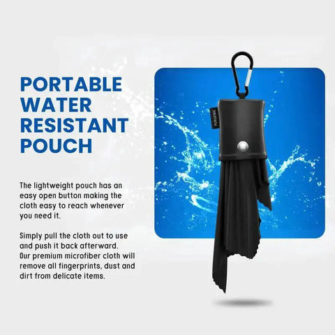 Portable water-resistant pouch with black microfiber cloth from Six Pack Microfiber Glasses Cloths With Pouches For Lenses And Delicate Screens