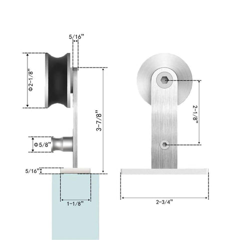 Side view diagram of hardware from a 6.6Ft Top Mount Stainless Steel Barn Door Hardware Track Kit For 36 To 40 Inch Wide Single Door Heavy Duty Anti Rust Super Smooth Quiet Glide No Frills Install Includes Track Rollers Spacers Stoppers Floor Guide And Wrench with measurements.