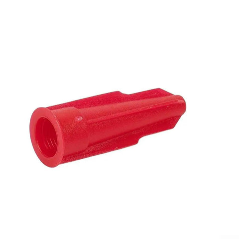 Close-up of red silicone cartridge nozzle for mastic caulking tool with resealable tube cap, ideal for wall and floor tile sealing.