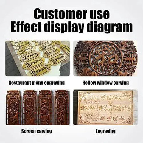 Engraved designs including restaurant menu, hollow window, screen, and script using Five Pack One Eighth Inch Shank 30 Degree V Bit And Two Flute End Mill CNC Router Bits For Engraving Wood Metal Acrylic PVC MDF High Precision Carbide Bits For Smooth Finishes By HUHAO.