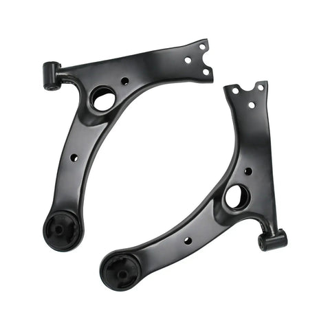 Pair of black metal front lower control arms with bushings for Toyota Corolla suspension