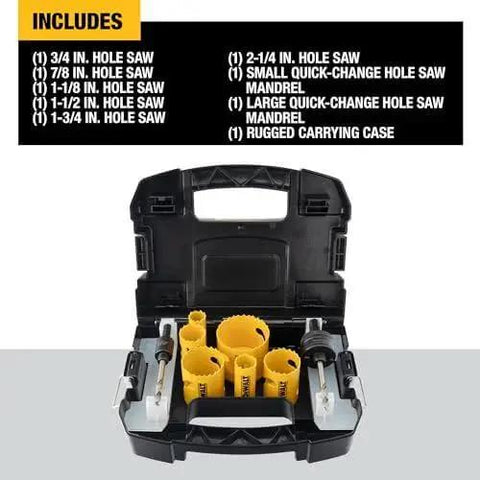 Bi Metal Hole Saw Kit For Wood Metal And Plastic With Up To 50 Percent Longer Life And Fast Plug Ejection By Dewalt in case