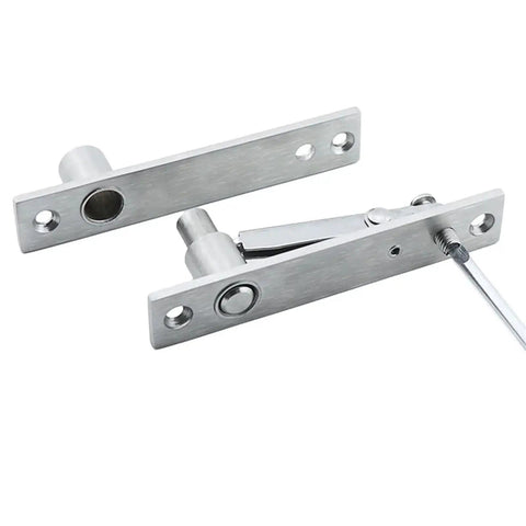 360 Degree Stainless Steel Swing Door Pivot Hinge for Concealed Bookcase shown detached, highlighting metal finish and holes for installation.