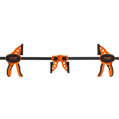Jorgensen E-Z Hold ratchet bar clamp set, 12-inch, medium duty, 2-pack with orange and black grips and spreader