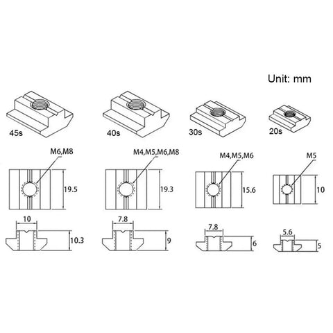Technical drawing of M4 Slide In T Nut Tee Sliding Nut for Aluminum Extrusion 2020 Series 6mm Slot, showing dimensions and sizes in mm.