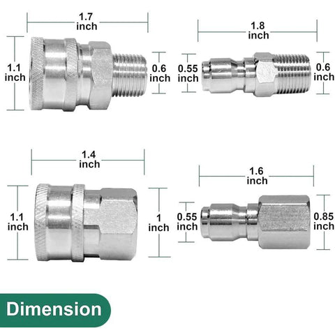 3/8 inch quick-connect fittings kit for pressure washers, 8 pieces, male and female threads, chrome metal, Amazon