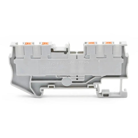 2.5mm2 4 Wire Terminal Block For DIN Rail With Spring Clamp, Orange, shown in compact Quattro style for industrial panels