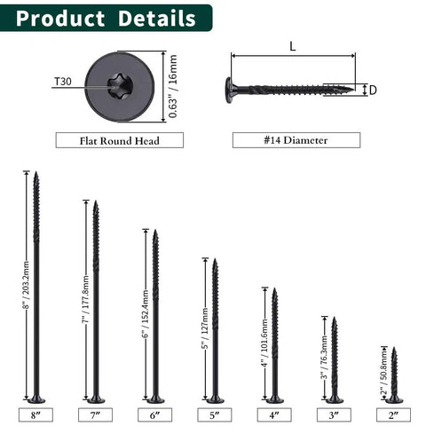Heavy Duty 14 X 2 Inch Structural Deck Lag Screws With Epoxy Coating For Outdoor Timber And Fences, Rust Resistant Black Finish, Torx T30 Drive Bit Included, 50 Pack For Pergolas Log Cabins Landscaping Wood, detailed measurements and features chart, multiple screw sizes displayed.
