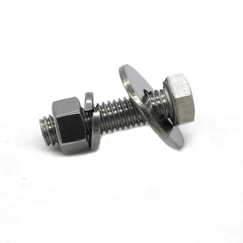 Close-up of Ten Sets Of One Quarter Twenty Thread By One And A Quarter Inch Stainless Steel Hex Head Screws Bolts With Nuts Flat Washers And Lock Washers 18-8 304 Stainless Fully Threaded Heavy Duty Hardware Kit Built Tough For Construction And DIY Projects By Bolt.