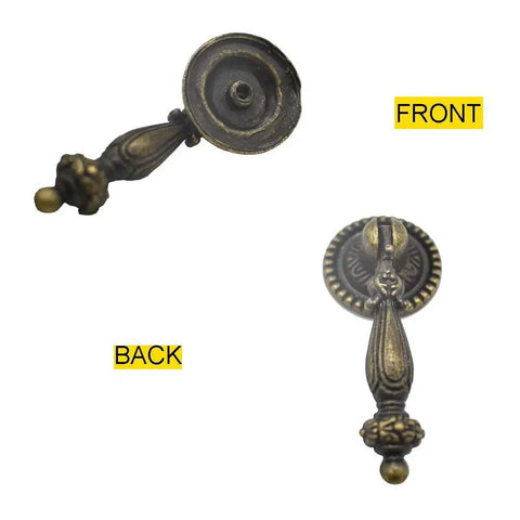 Front and back view of 4 Pack Antique Drawer Pulls Vintage Bronze Finish Large Finger Pull Handles for Drawers Cabinets Desks and Jewelry Boxes