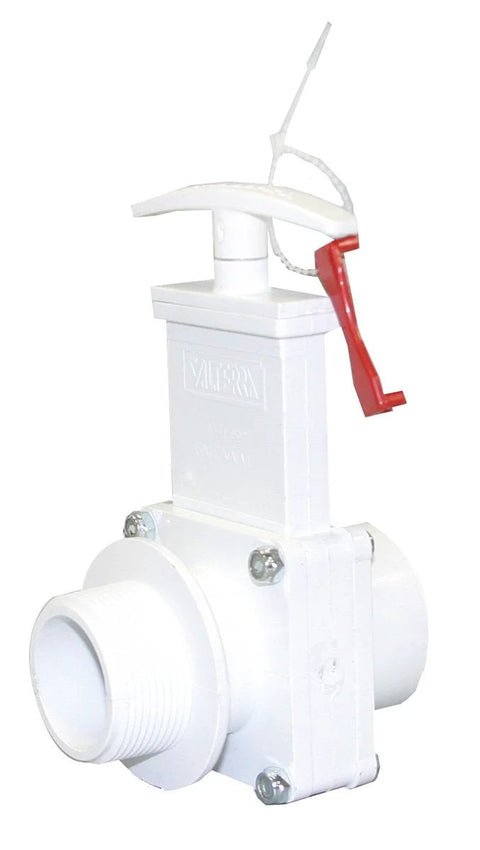 Valterra 1-1/2 in PVC gate valve, white, FPT x MPT, with red lever gate keeper