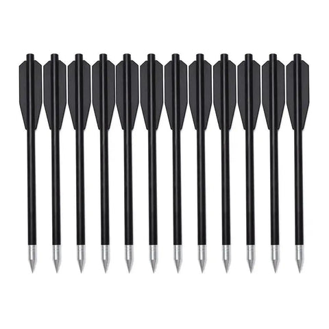12 Pack Crossbow Bolts 6.3 Inch Black Plastic Shaft Arrows With Aluminum Point Tip For Small Crossbows, displayed in a row