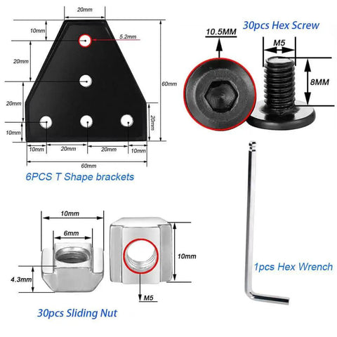Components of Six Pack 2020 Corner Bracket Connectors including T shape bracket, hex screw, sliding nut, and hex wrench for 6mm aluminum extrusion