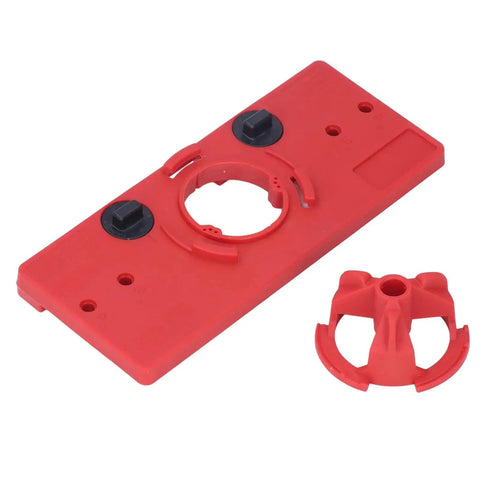 Woodworking Hinge Hole Saw Jig With 35mm Drill Guide Locator for Precise Positioning and Drill Alignment in Cabinet and Furniture Projects Red Drill Guide Bit Set.