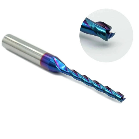 Three Flute CNC Router Bit With One Eighth Inch Cutting Diameter And One Quarter Inch Shank Solid Carbide End Mill With Nano Blue Coating