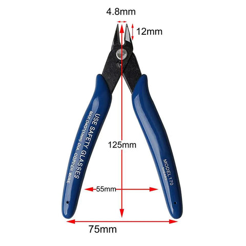 2 Pc Dark Blue Wire Cutter Set With Flush Cutters And Diagonal Pliers For Electronics Repair Jewelry Making DIY Projects, side view showing dimensions.