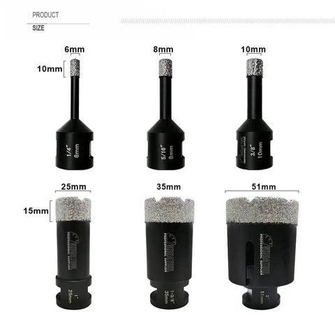 Heavy Duty Diamond Core Drill Bits Set For Porcelain Tile Granite Marble Stone And Brick Vacuum Brazed Hole Saws 6 Piece Kit With 6 8 10 25 35 51mm Diameters For Clean Cuts And Long Lasting Performance SHDIATOOL. Display of six drill bits showing different diameters from 6mm to 51mm.