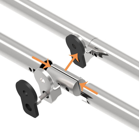 Close-up of connecting brackets in Top Mount 10 Foot Sliding Barn Door Hardware Kit In Stainless Steel Heavy Duty Track For Double Wood Doors